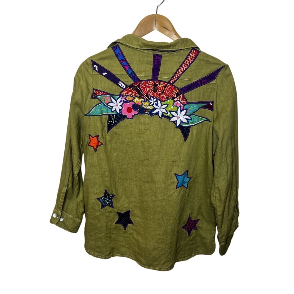 Wing’s Hawaii Handmade Floral Sunshine Linen Embroidered Appliqué Shirt Women’s